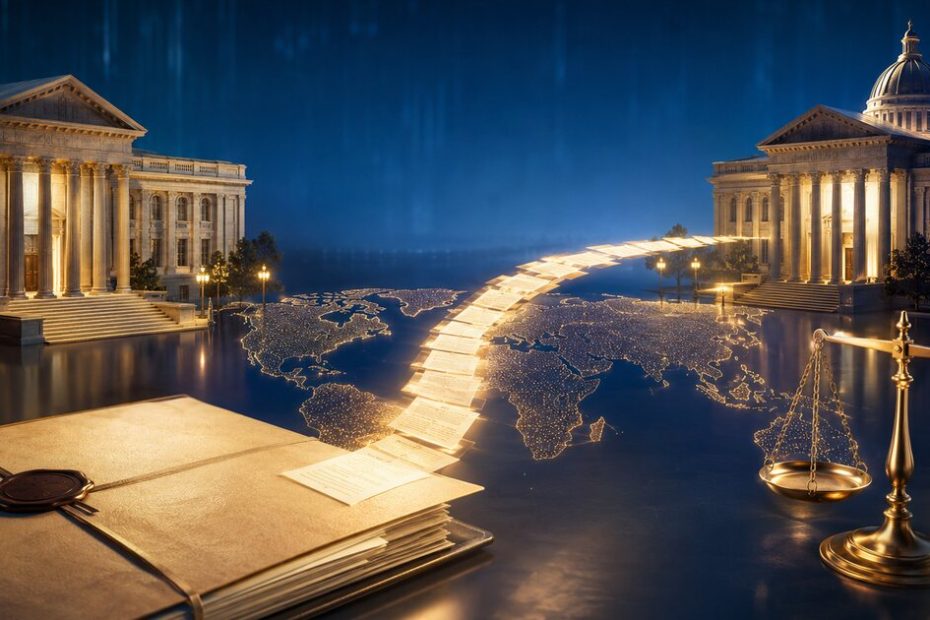 حكم قضائي أجنبي وميزان عدالة يرمزان إلى تنفيذه في السعودية