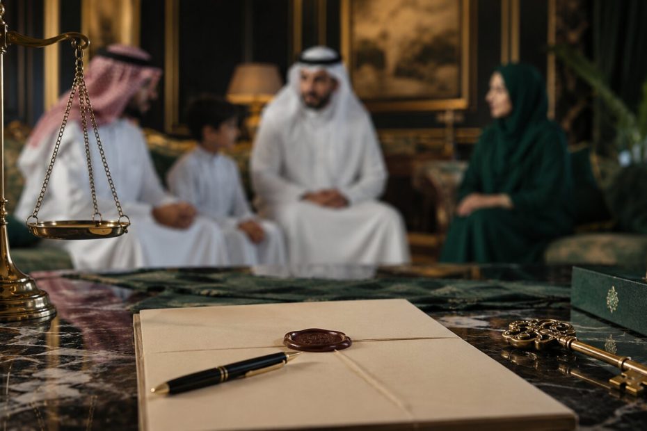 وصية ومفتاح عقار وميزان يرمزان إلى حقوق الورثة